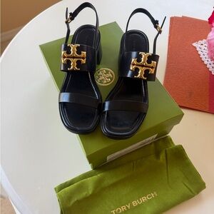 Tory Burch Black Sandals with Gold Logo